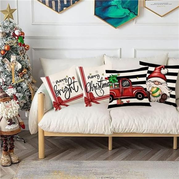 Set of 4 Christmas Decorations Winter Xmas Farmhouse Pillow Covers - Picture 2 of 7